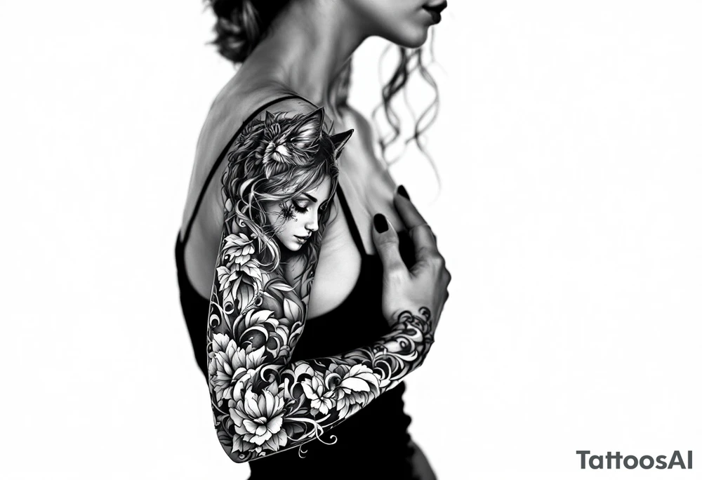 women portrait with cat tattoo idea