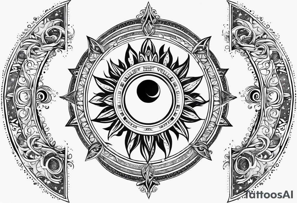 Feminine Sun and moon. long rectangular sternum swirls with dots and stars tattoo idea