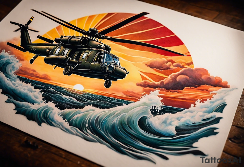 A cinematic-style tattoo depicting a Canadian military Cyclone helicopter performing a daring maneuver over a turbulent ocean. The sky should be filled with dramatic clouds, and the sun should be setting, casting long shadows. The helicopter should be the main focus, with intricate details and a sense of motion. In the background, a poppy should be prominently displayed, and a quote from 'Lest We Forget' should be included, black and white tattoo tattoo idea