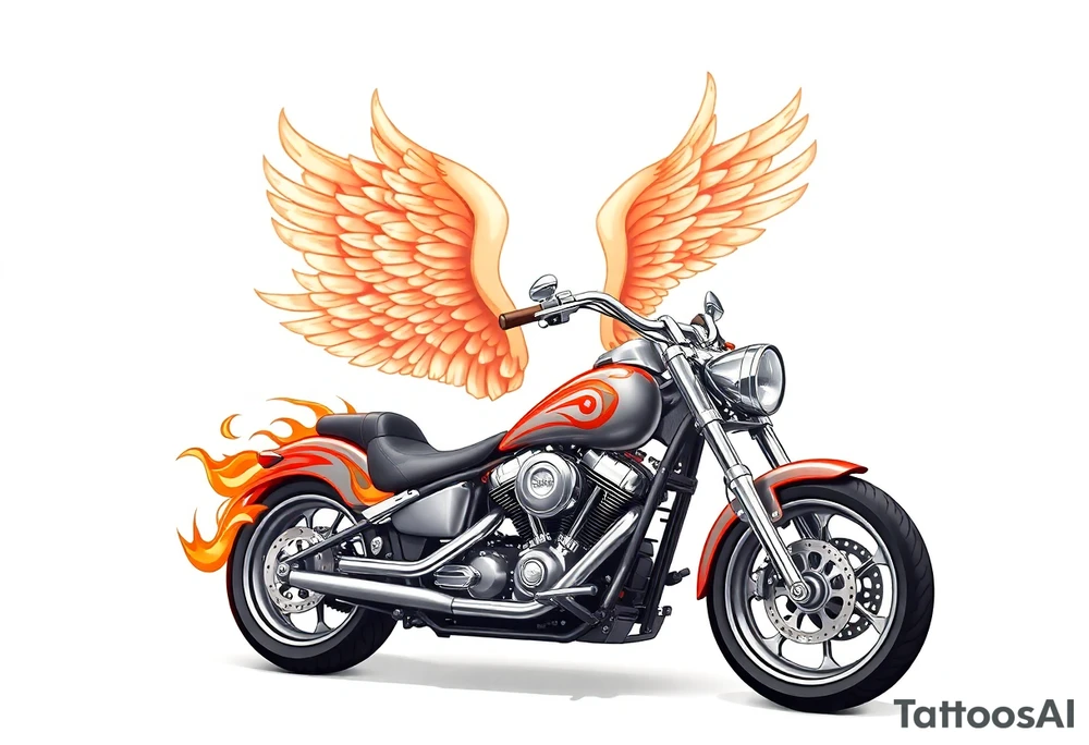 Low rider grey motorcycle, flames, angel wings tattoo idea