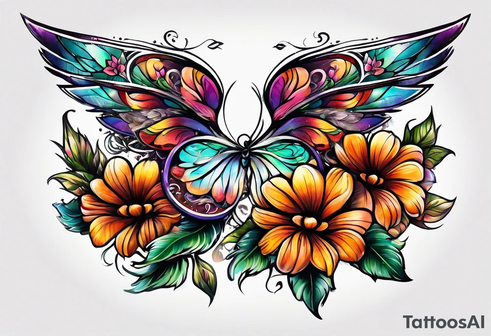 Flower tattoo with wings for full stomach area tattoo idea