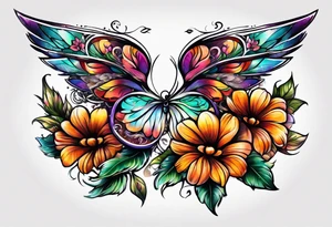 Flower tattoo with wings for full stomach area tattoo idea