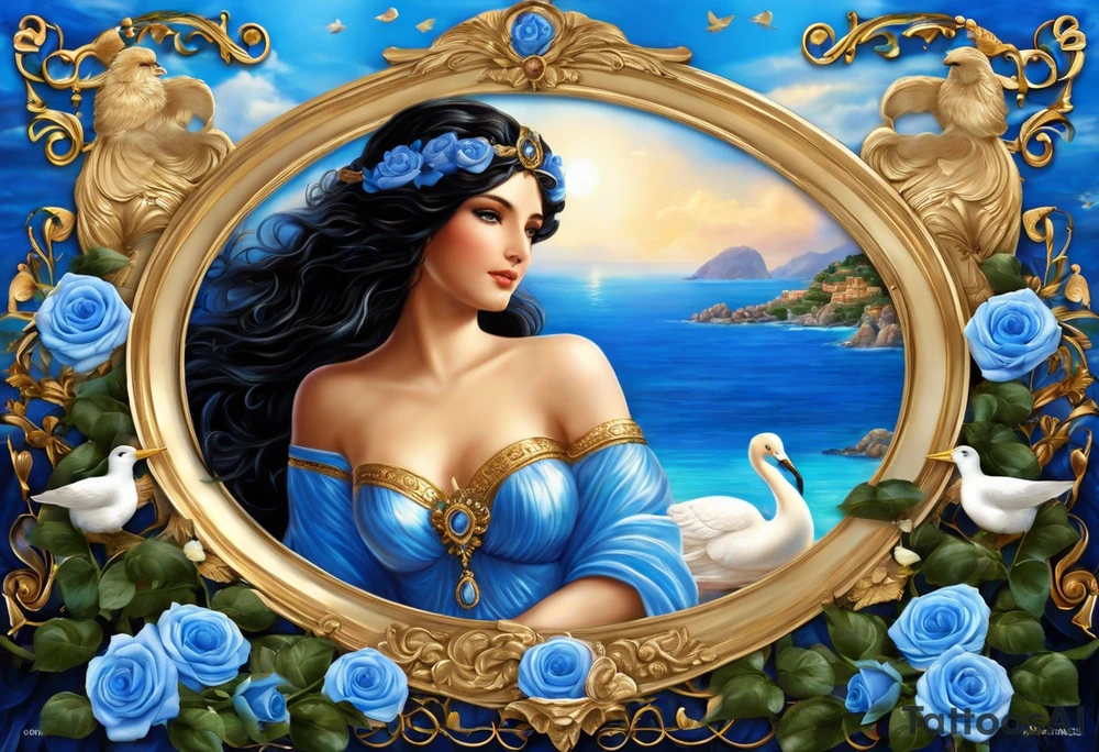 Aphrodite is the goddess of love, with a seaside background, surrounded by birds.. blue roses frames, background blue,present it in a, black hair, love motives, herat,motifs expressing love and the feeling of lovePortrait of Aphrodite: A face or full-length image of the goddess, often in a realistic style, perhaps decorated with flowers, seashells, or doves.

Symbols: Known symbols of Aphrodite include the rose, doves, shells and the mirror. These symbols can be displayed individually or in combination in a tattoo.

Mythological Scenes: Depictions of various mythological stories of Aphrodite, such as her birth from sea foam, as depicted in Botticelli's famous painting ("Birth of Venus").

Flowers: Roses or other flowers often associated with Aphrodite can give a particularly romantic and elegant look to your tattoo.

Mythological elements: Other mythological elements and figures associated with Aphrodite, such as Eros (Cupid), the god of love who is the son of Aphrodite. tattoo idea