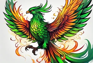 Phoenix Bright colours rising from green flames that destroyed it tattoo idea