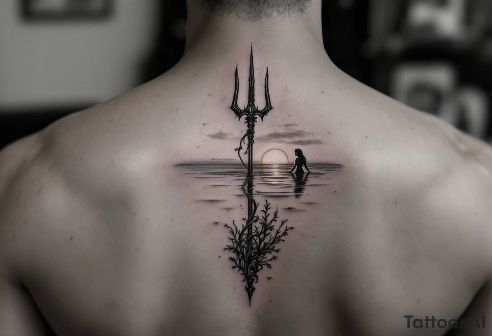 trident half way under calm water with sunset and mermaid tattoo idea