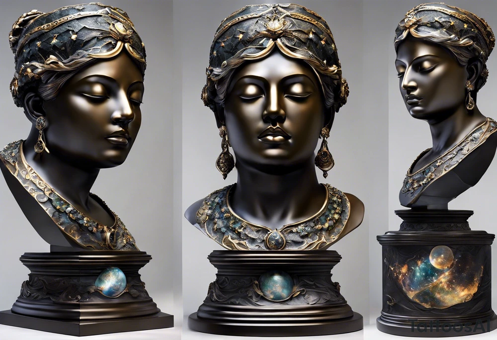Visualize a mesmerizing tattoo featuring a majestic marble statue depicted in the process of breaking free from its stone confines, symbolizing the liberation of the mind and the pursuit of higher understanding. The statue's form, sculpted with meticulous detail, appears to be emerging from a celestial shell adorned with cosmic motifs and swirling galaxies. As the shell fractures, radiant beams of light pierce through, illuminating the surrounding space in a breathtaking display of enlightenment and awakening. In the background, a vast expanse of stars and celestial bodies stretches into infinity, evoking a sense of wonder and boundless potential. This tattoo serves as a powerful metaphor for breaking free from limitations and embracing the expansive universe of knowledge and possibility. tattoo idea