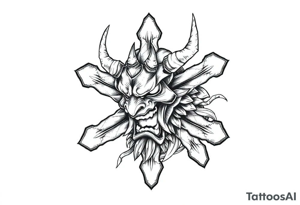 Abstract asterisk with a Japanese folklore demon from old times tattoo idea