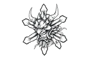 Abstract asterisk with a Japanese folklore demon from old times tattoo idea
