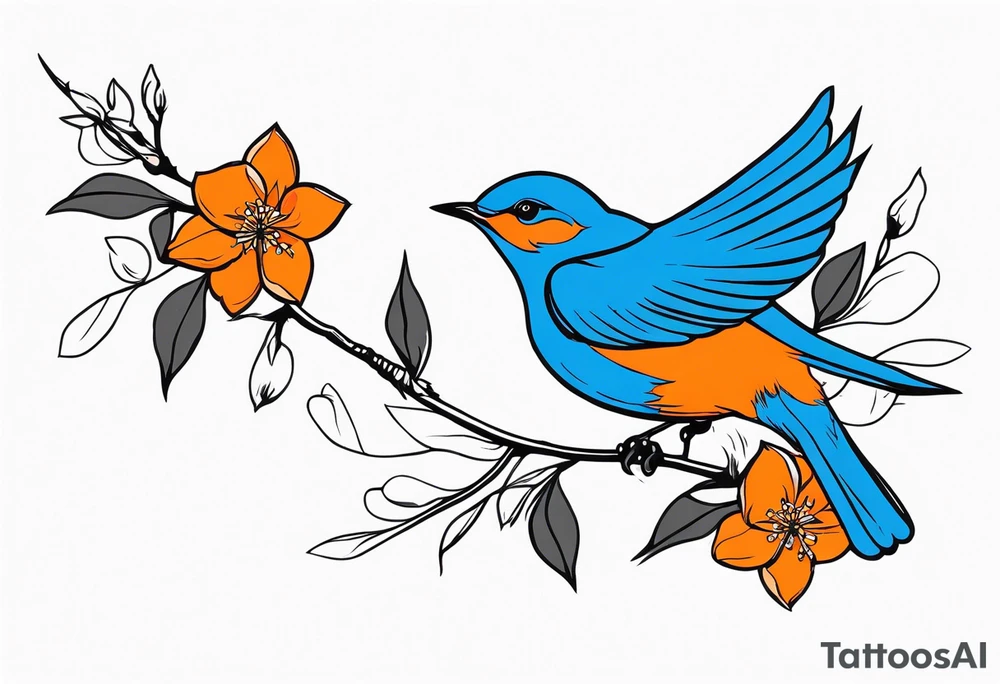 bluebird flying off of branch with orange blossoms tattoo idea