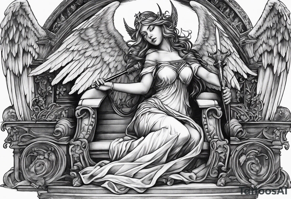 girl angel sitting in a throne with a staff with a cross at the top, a devil laying on the ground by the angels feet being stabbed in the chest by the staff tattoo idea
