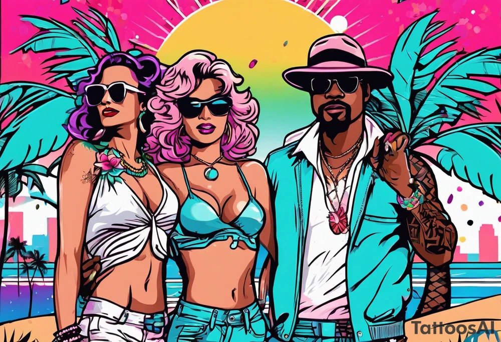 1980's miami vice style dance party with boom box, confetti, music notes in a retro eighties beach theme, no cars tattoo idea