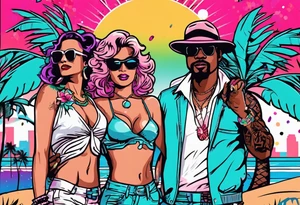 1980's miami vice style dance party with boom box, confetti, music notes in a retro eighties beach theme, no cars tattoo idea