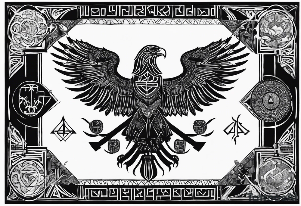 Polish eagle surrounded by viking runes sitting on the tree of life, scattered random geometric shapes and ancient artifacts, include Bruce Springsteens simply the best song tattoo idea