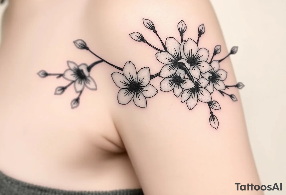 delicate cherry blossoms swirling in spring breeze with petals tattoo idea