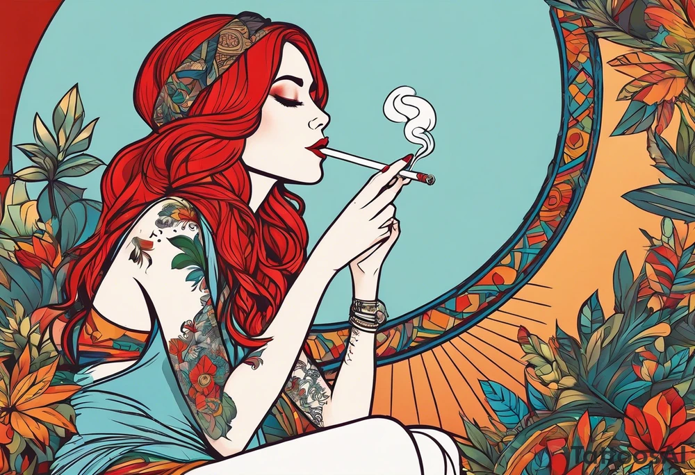Hippie girl smoking a joint, Red hair, Bell-bottoms, and a big booty tattoo idea