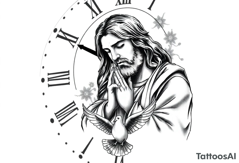 Clock in background, jesus praying, the creation of adam, dove in the bottom of the tattoo tattoo idea