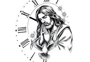 Clock in background, jesus praying, the creation of adam, dove in the bottom of the tattoo tattoo idea