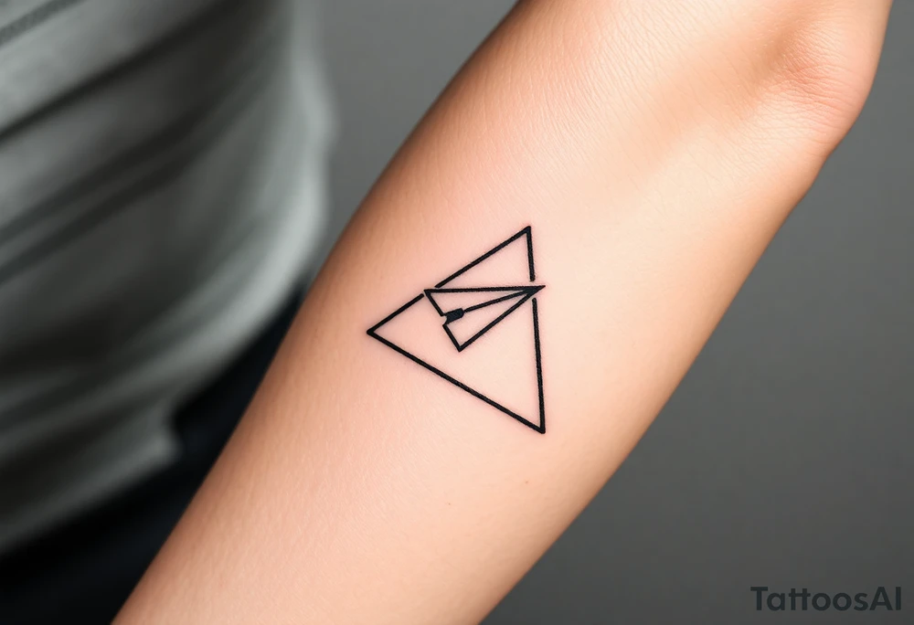 Geometric small triangle with a paper plane while being psychedelic with fine thin lines tattoo idea