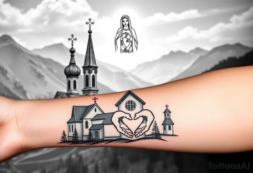 Russian Orthodox church with orthodox spire crosses in a mountainous village setting, with a holy glow around the church, and a virgin mary sat seperately above looking over hands on heart sat above tattoo idea