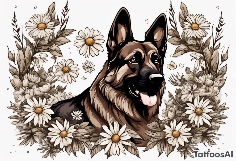 Dark Brown German shepherd portrait surrounded by  daisies tattoo idea