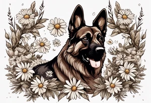 Dark Brown German shepherd portrait surrounded by  daisies tattoo idea