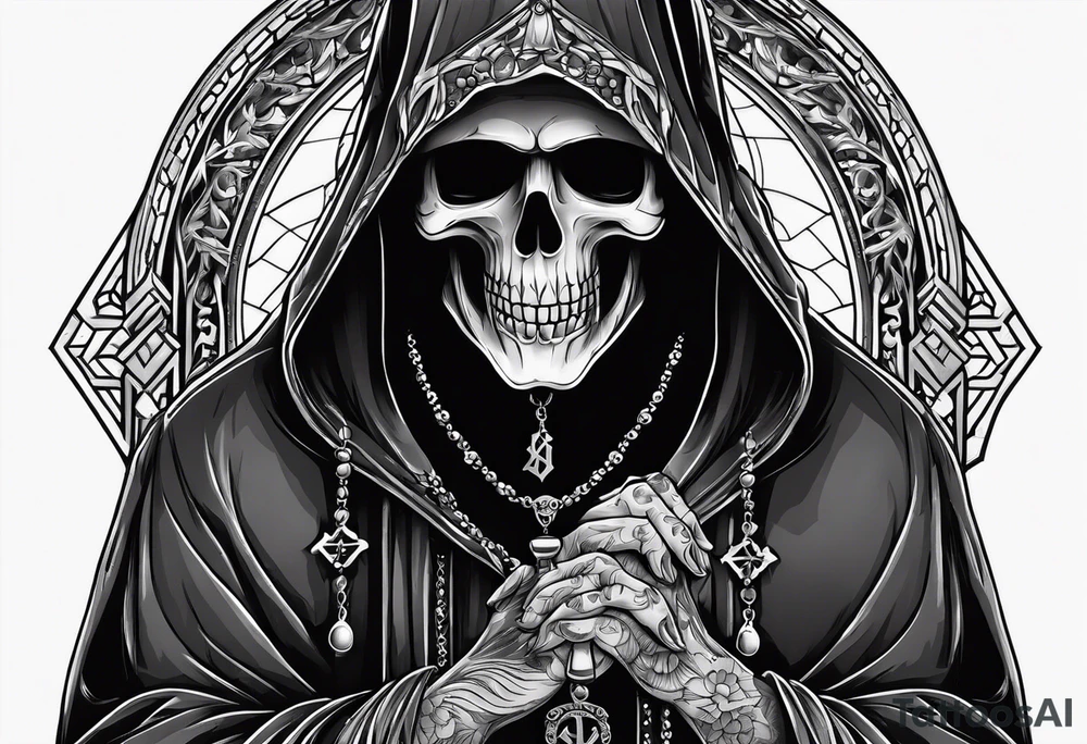 The grim reaper with praying hands and rosary rapped around his hands while he’s standing tattoo idea