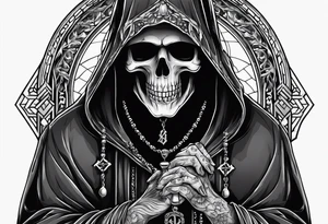 The grim reaper with praying hands and rosary rapped around his hands while he’s standing tattoo idea