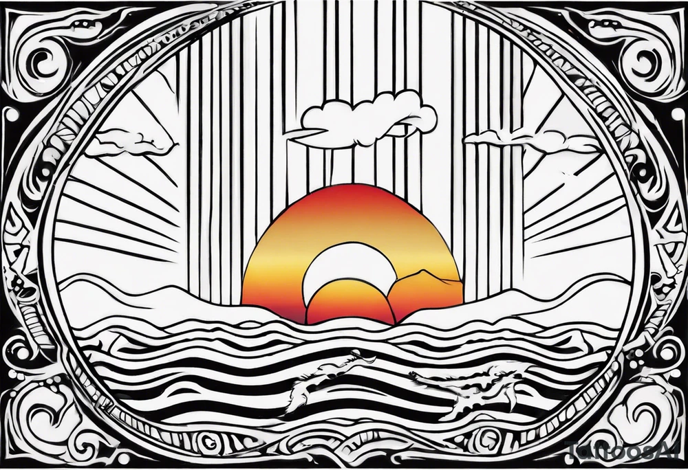 Outline of sunset on sea with a word yes tattoo idea