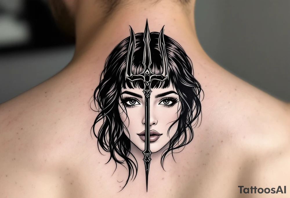 gentle woman face with black hair behind trident tattoo idea