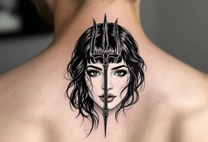 gentle woman face with black hair behind trident tattoo idea