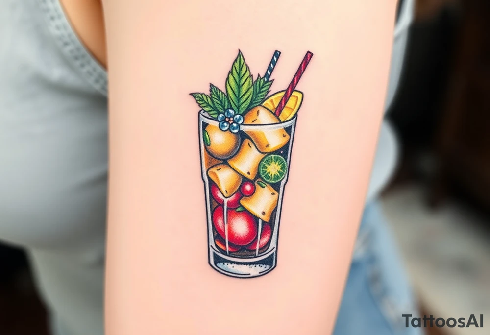 Fun island cruise cocktail with lots of garnishes and ice IN A ROCKS GLASS tattoo idea