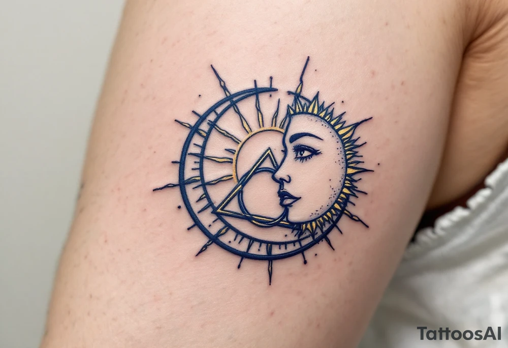 A moon and sun intertwined with a triquetra, in gold and midnight blue tattoo idea