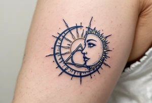 A moon and sun intertwined with a triquetra, in gold and midnight blue tattoo idea
