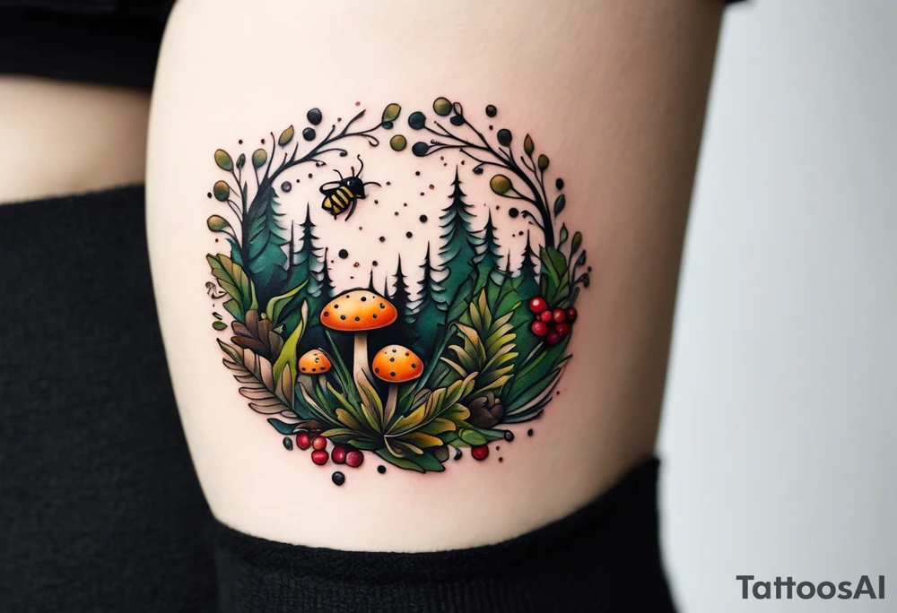 minimalistic forest floor inspired tattoo, which includes grass, moss, curly ferns and dead leaves as the bulk of the tattoo. details to include: forest berries, couple of very small brown mushrooms, a tiny bumblebee flying nearby tattoo idea