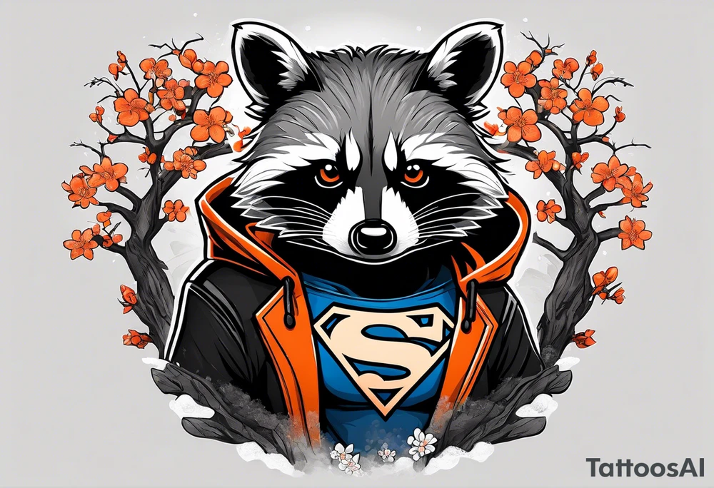 Raccoon wearing a white Superman logo on a black hoodie and orange Japanese cherry blossoms beside tattoo idea