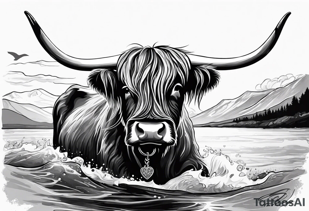 A highland cow that has a bandana with a shamrock around its neck is riding on the back of Nessie tattoo idea