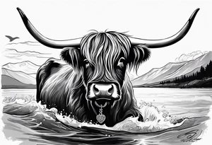A highland cow that has a bandana with a shamrock around its neck is riding on the back of Nessie tattoo idea