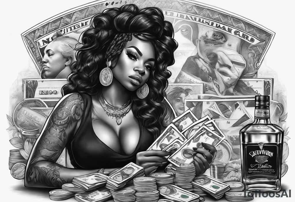 black woman bitting money dice cards whiskey tattoo idea