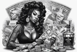 black woman bitting money dice cards whiskey tattoo idea