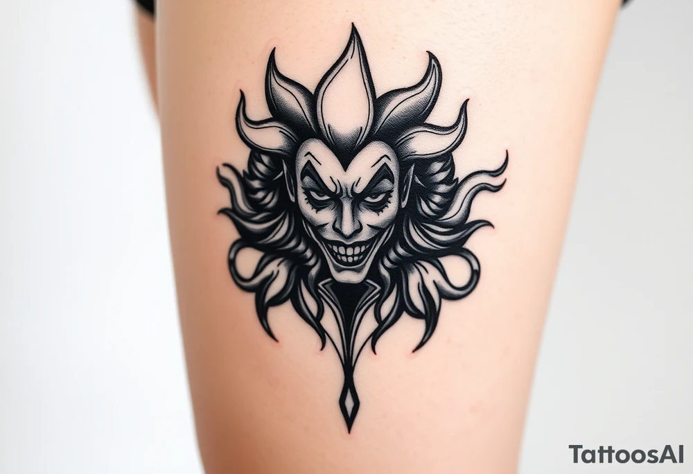 Powerful new age joker surrounded by flames tattoo idea