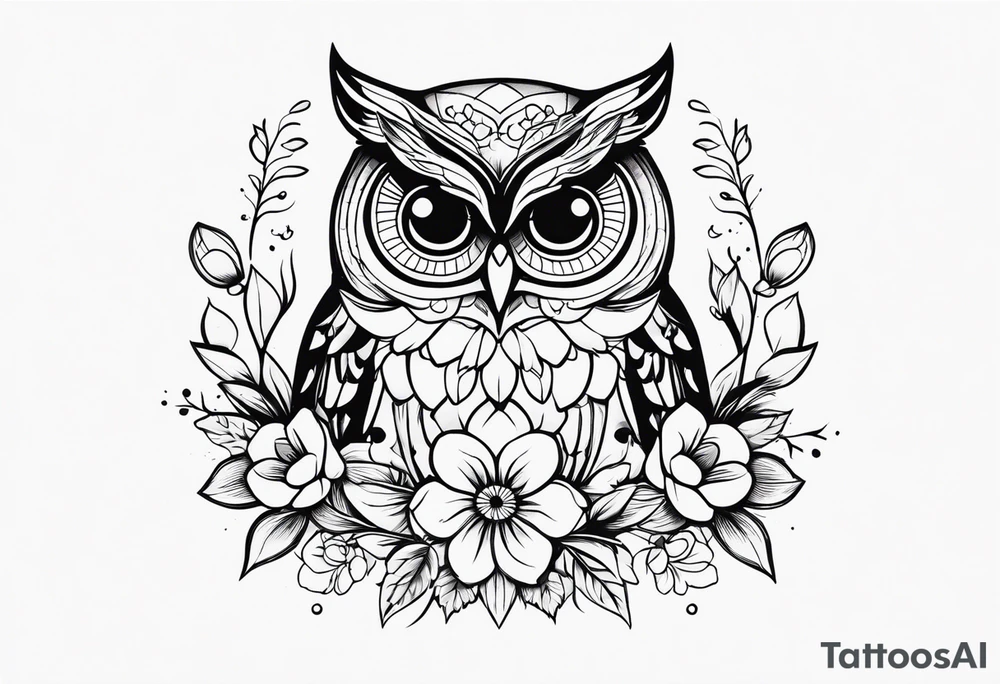 female owl with flowers tattoo idea