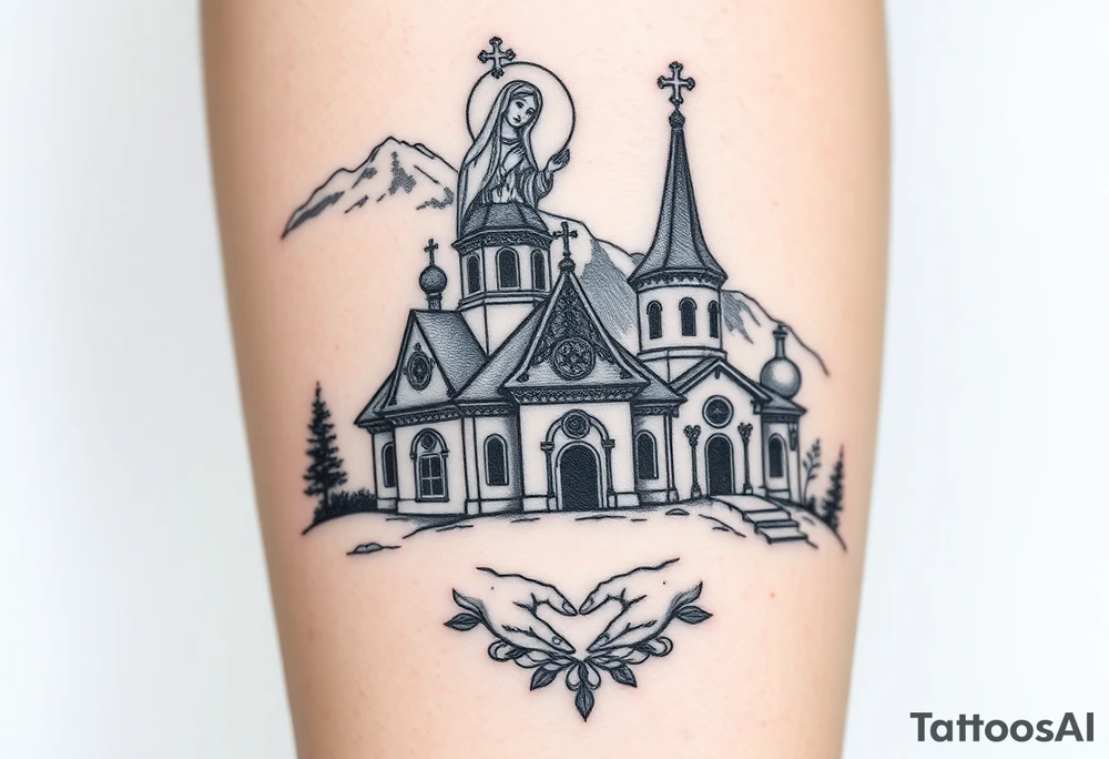 Russian Orthodox church with orthodox spire crosses in a mountainous village setting, with a holy glow around the church, and a virgin mary sat seperately above looking over hands on heart sat above tattoo idea