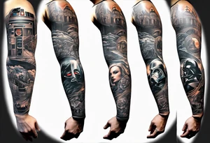 Full arm sleeve tattoo extending from shoulder to wrist featuring themes of Star Wars, Lord of the Rings, and DC comics tattoo idea