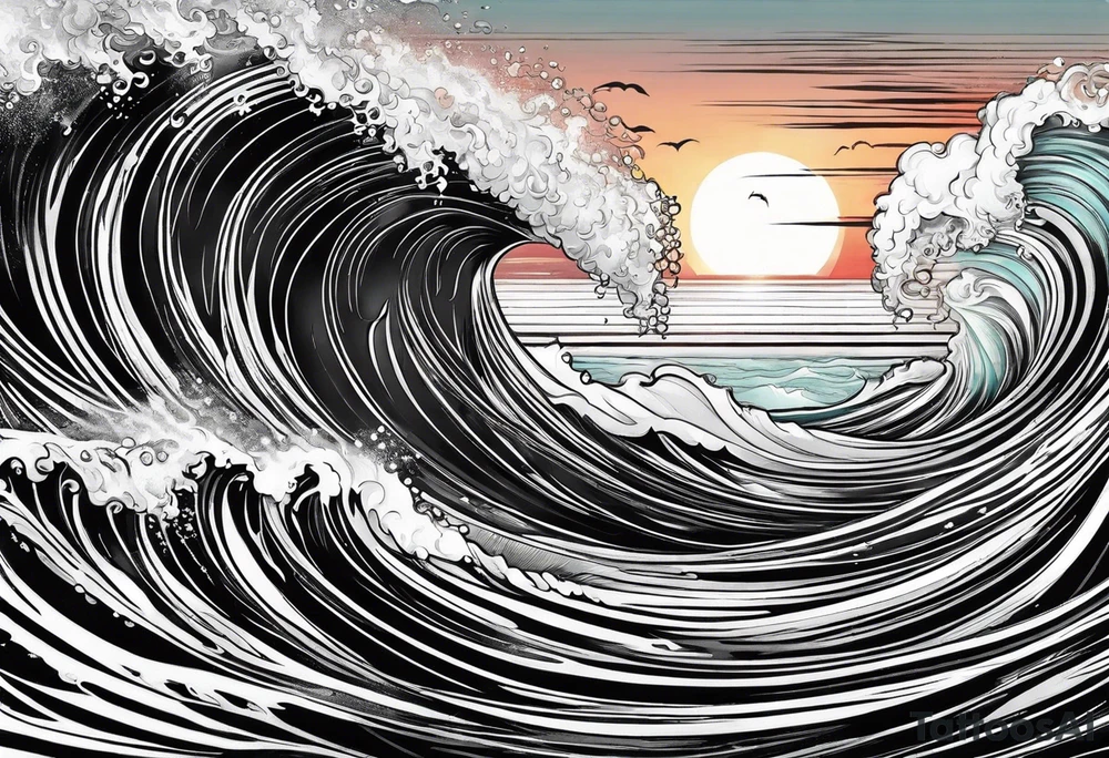 Ocean wave at sunset tattoo idea