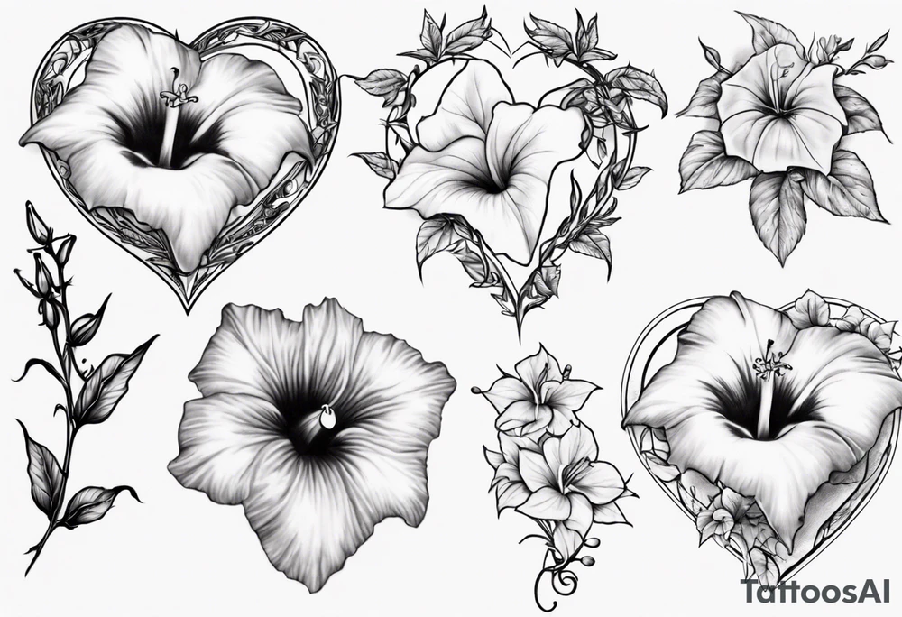 Morning glory and larkspur outlining a heart tattoo idea