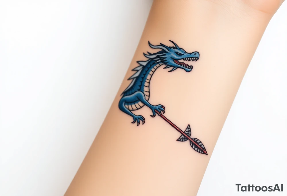 Blue fire breathing dragon with wings spread and an arrow through its chest tattoo idea