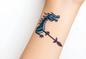 Blue fire breathing dragon with wings spread and an arrow through its chest tattoo idea