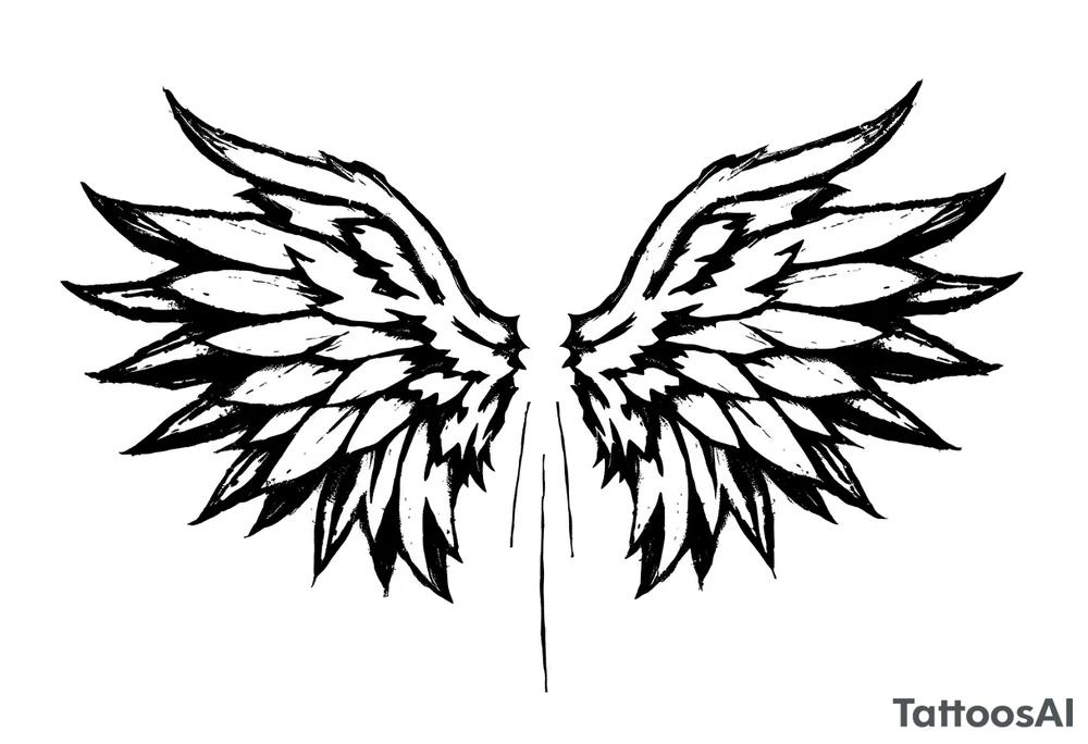 This tattoo design features a pair of stylized wings drawn in black ink with a sketch-like, abstract aesthetic. The wings are composed of sharp, angular feathers with jagged edges, giving them a rough, almost tribal or gothic appearance. The shading is done with a mix of soft gradients and stippling, adding depth and texture to the design. The center where the wings meet is fragmented, with thin lines extending downward, creating a sense of movement and raw energy. This design would make for a bold and edgy tattoo, symbolizing freedom, strength, or a rebellious spirit. tattoo idea