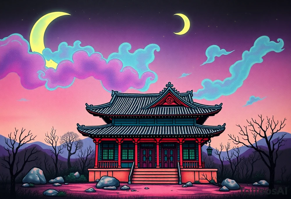 Tim Burton’s haunted pastel Tokyo shrine is abandoned and dripping with muted reds, dusty pinks, and eerie green glow.purple and cyan smokey clouds swirl in the crescent moonlit sky thats sprinkled with stars tattoo idea tattoo idea