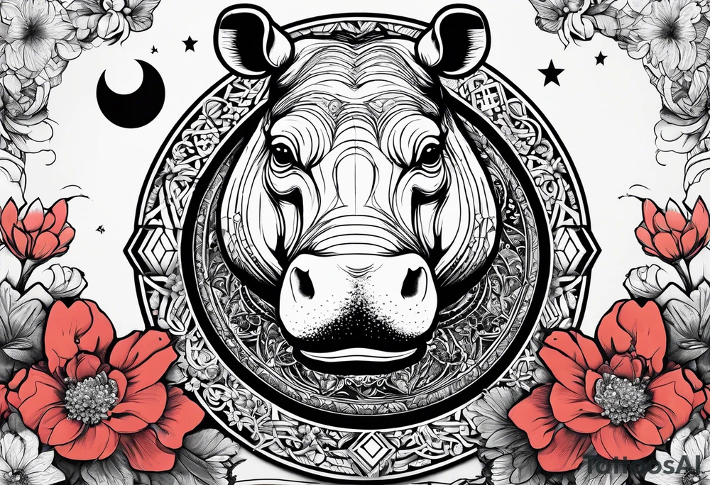 Hippo, flowers, moon, interstella, artic surreal,
Extreme fine lines, tribal, geometric, japanese, artistic tattoo idea